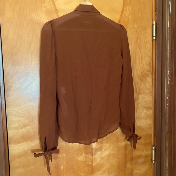 REFORMATION Long Sleeve Button Up Sheer Top Bow Cuffs Women's XS Rich Brown - Picture 6 of 13